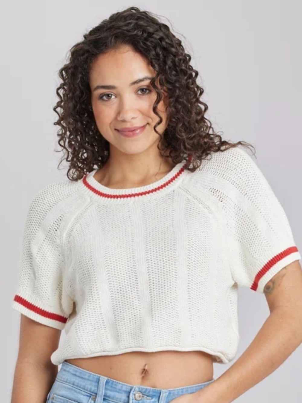 Unionbay Rosalia Crewneck Knit Sweater Cropped White Red Striped  Trim